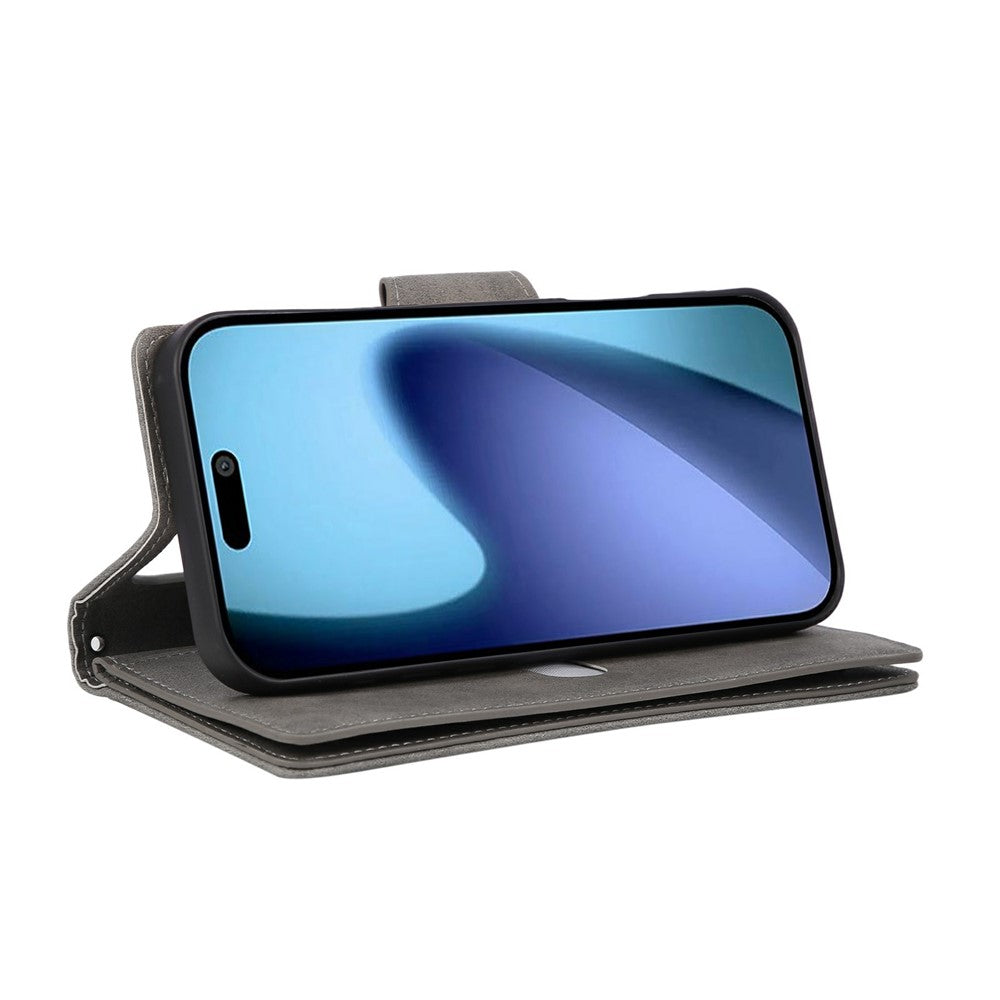 For iPhone 17 Pro Max Case Zipper Wallet Rivet Decor Leather Phone Cover with Wrist Strap - Grey