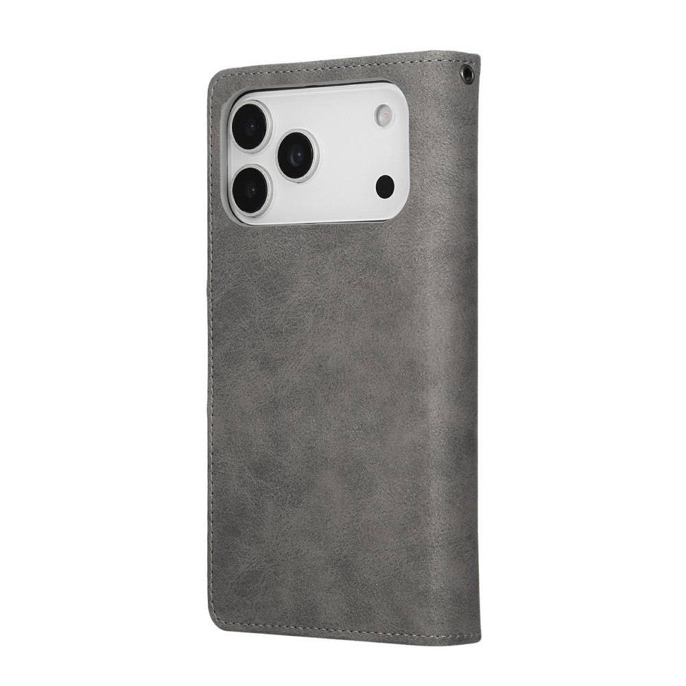 For iPhone 17 Pro Max Case Zipper Wallet Rivet Decor Leather Phone Cover with Wrist Strap - Grey