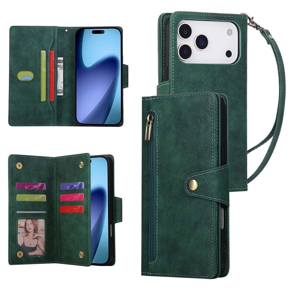For iPhone 17 Pro Max Case Zipper Wallet Rivet Decor Leather Phone Cover with Wrist Strap - Green