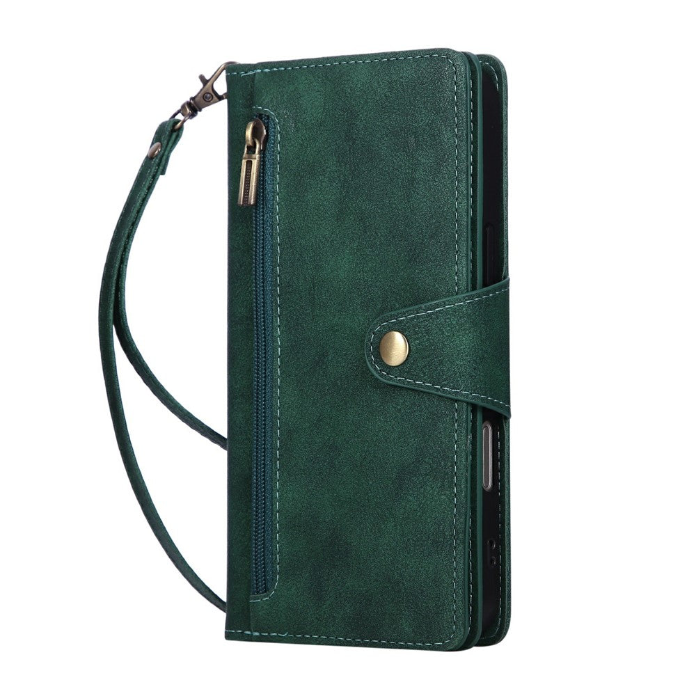 For iPhone 17 Pro Max Case Zipper Wallet Rivet Decor Leather Phone Cover with Wrist Strap - Green