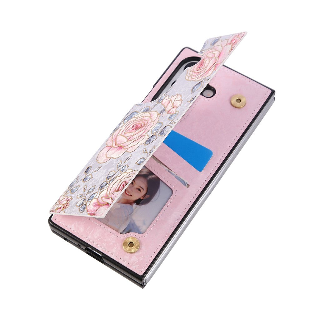 For Samsung Galaxy Z Fold7 5G Case Flower Leather PC RFID Blocking Phone Cover Card Slots - Rose