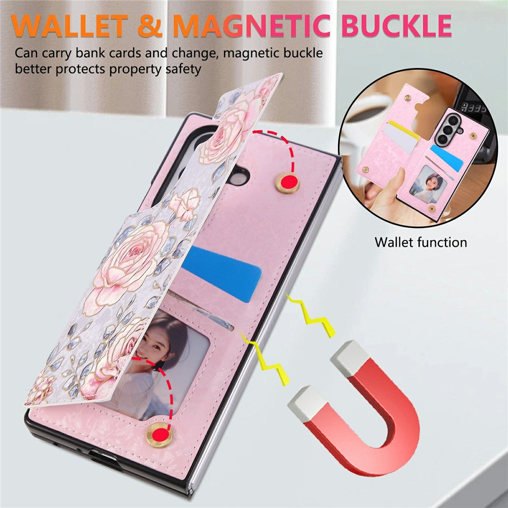 For Samsung Galaxy Z Fold7 5G Case Flower Leather PC RFID Blocking Phone Cover Card Slots - Rose