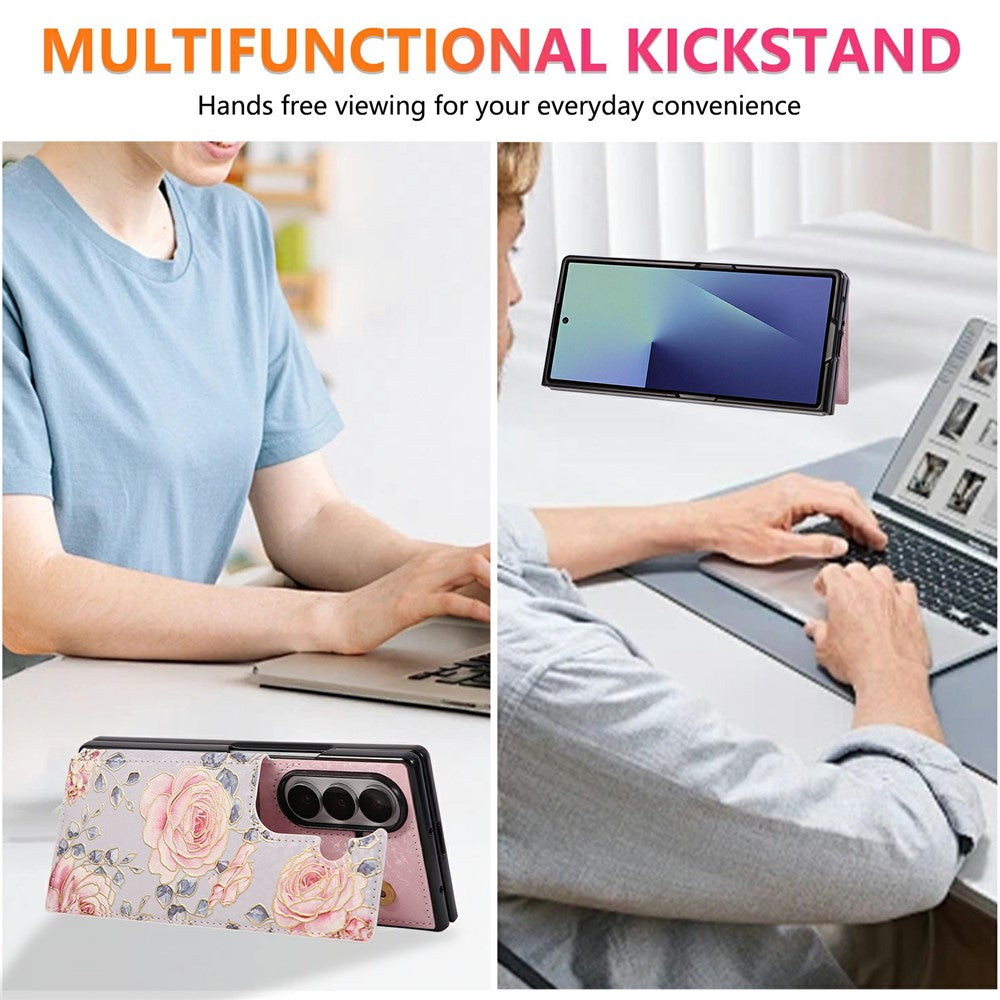 For Samsung Galaxy Z Fold7 5G Case Flower Leather PC RFID Blocking Phone Cover Card Slots - Rose