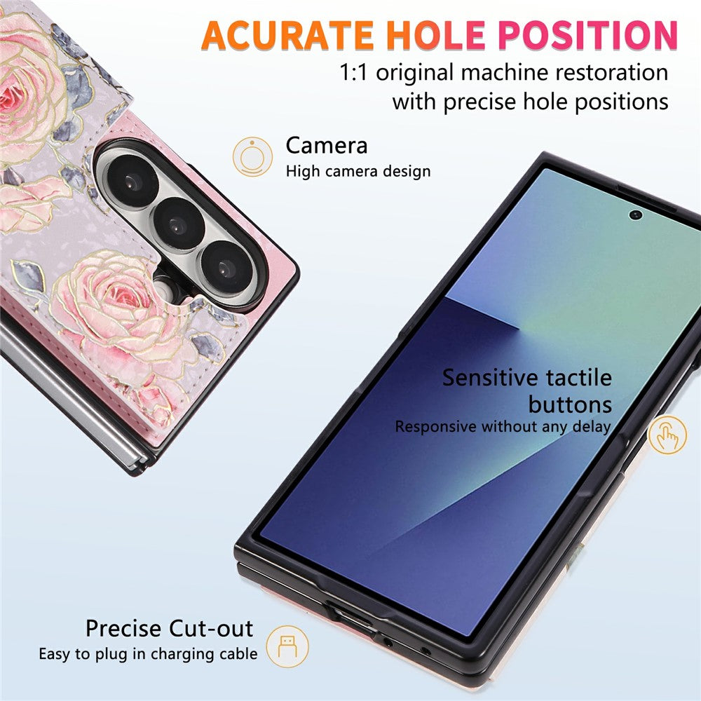 For Samsung Galaxy Z Fold7 5G Case Flower Leather PC RFID Blocking Phone Cover Card Slots - Rose