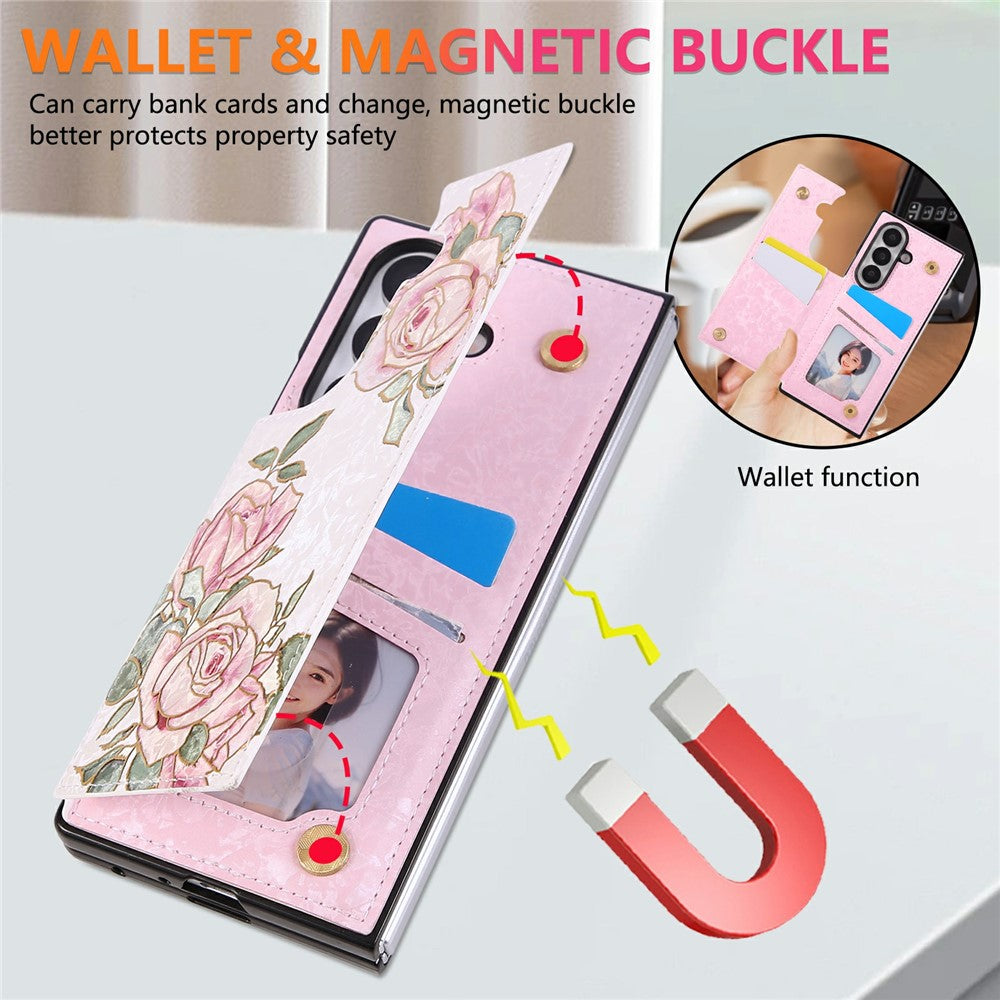 For Samsung Galaxy Z Fold7 5G Case Flower Leather PC RFID Blocking Phone Cover Card Slots - Rose Flower