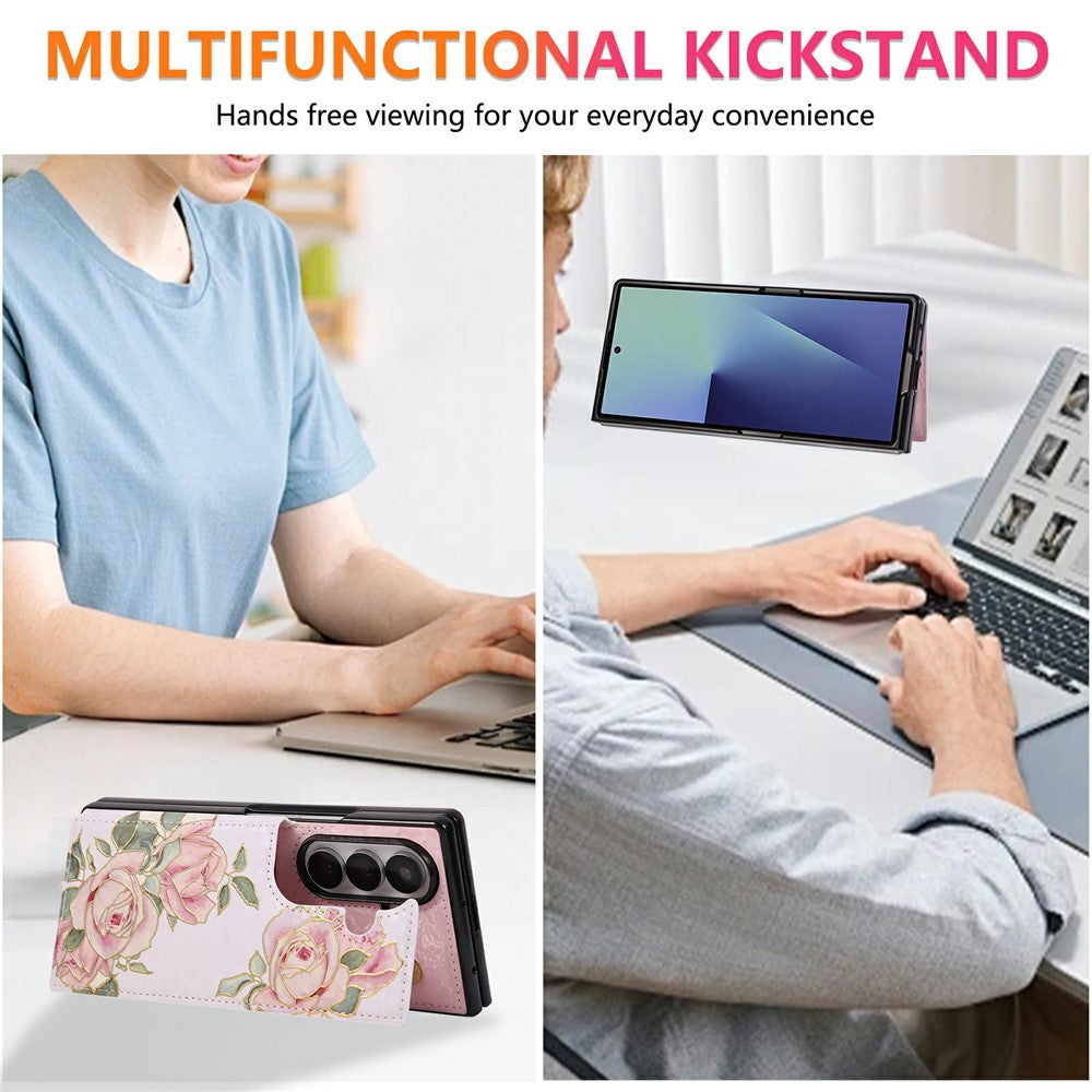 For Samsung Galaxy Z Fold7 5G Case Flower Leather PC RFID Blocking Phone Cover Card Slots - Rose Flower