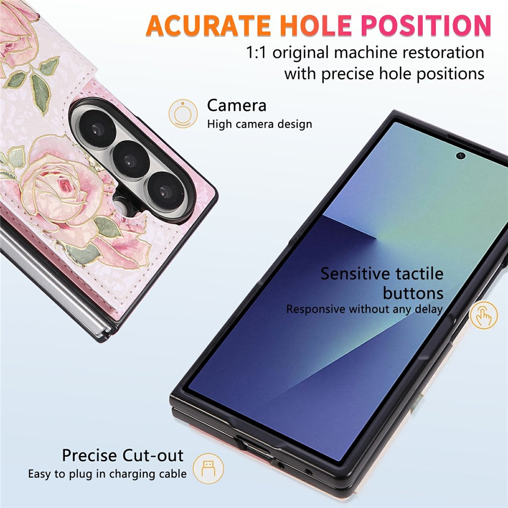 For Samsung Galaxy Z Fold7 5G Case Flower Leather PC RFID Blocking Phone Cover Card Slots - Rose Flower