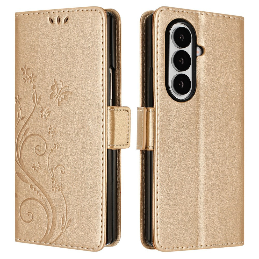 For Samsung Galaxy Z Fold7 5G Leather Wallet Case Butterfly Flower Imprint Phone Cover with Strap - Gold