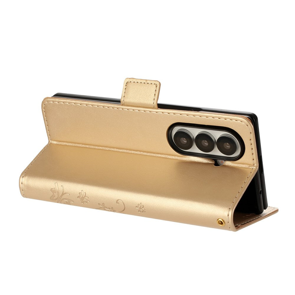 For Samsung Galaxy Z Fold7 5G Leather Wallet Case Butterfly Flower Imprint Phone Cover with Strap - Gold