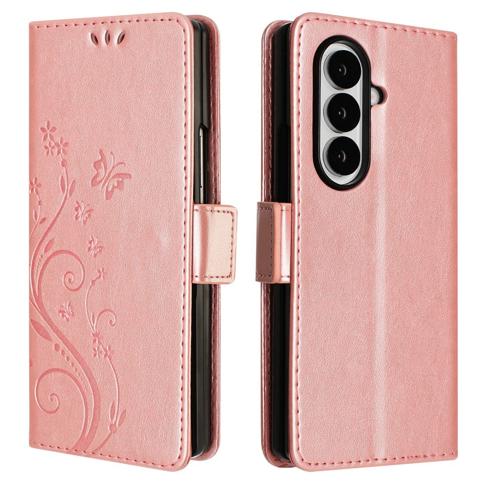 For Samsung Galaxy Z Fold7 5G Leather Wallet Case Butterfly Flower Imprint Phone Cover with Strap - Rose Gold