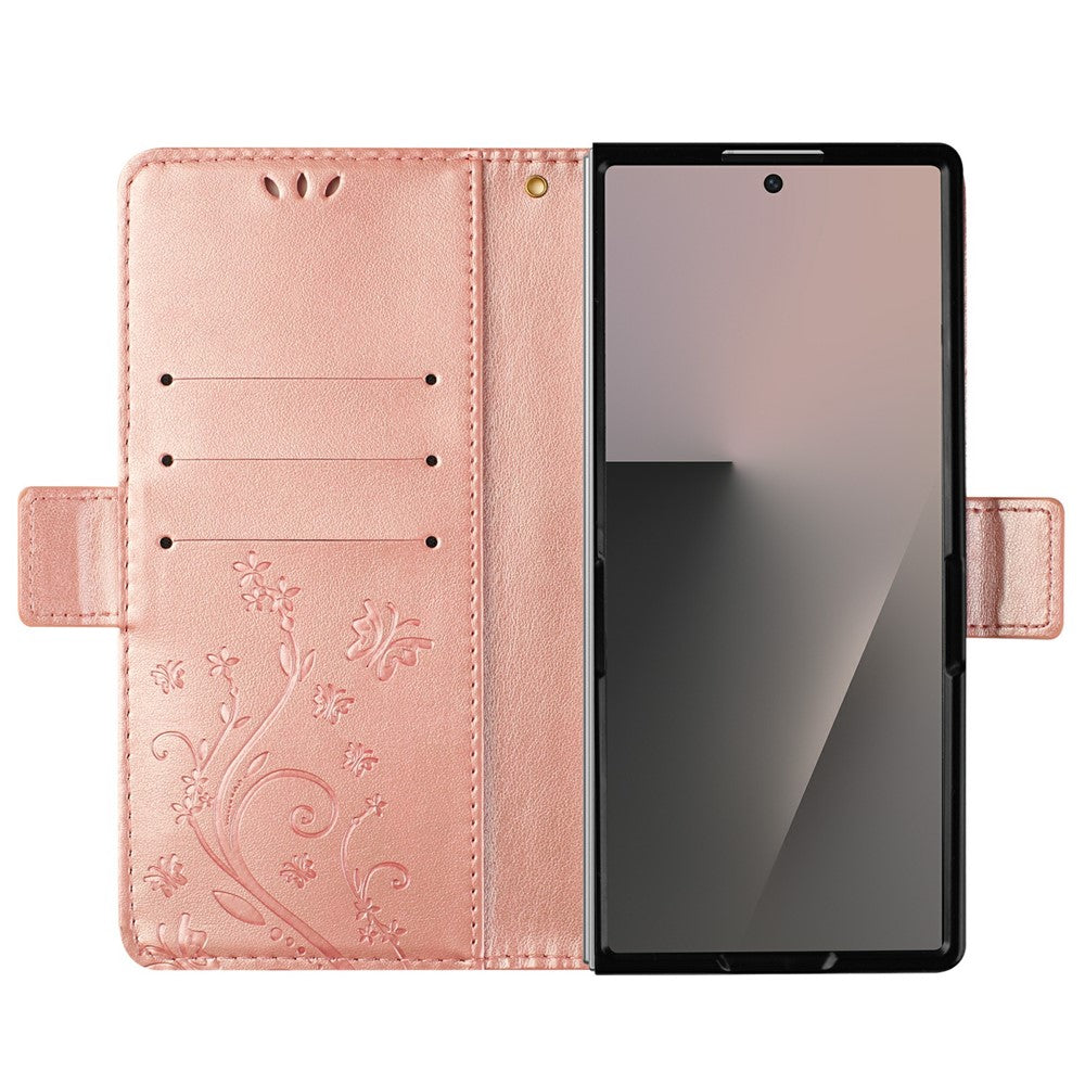 For Samsung Galaxy Z Fold7 5G Leather Wallet Case Butterfly Flower Imprint Phone Cover with Strap - Rose Gold