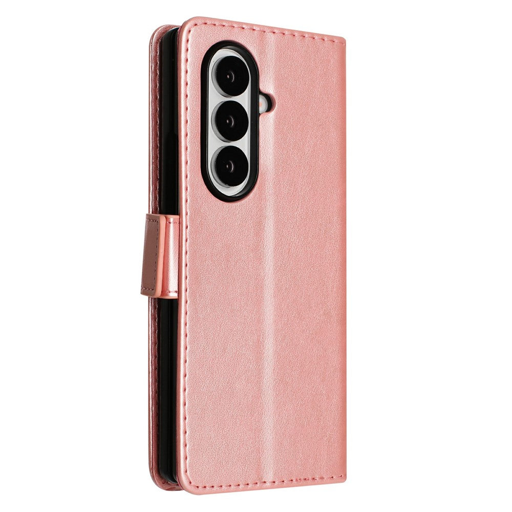 For Samsung Galaxy Z Fold7 5G Leather Wallet Case Butterfly Flower Imprint Phone Cover with Strap - Rose Gold