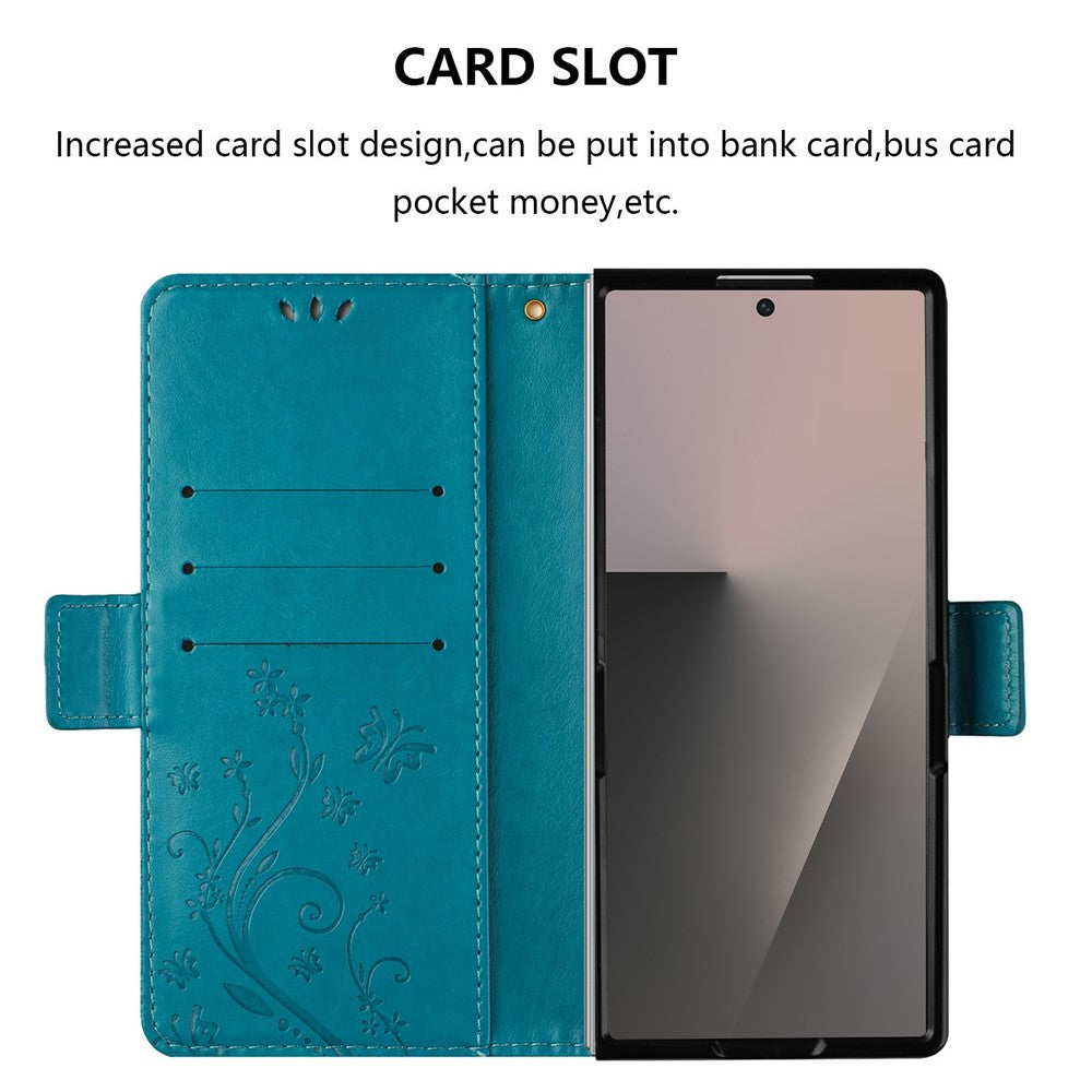 For Samsung Galaxy Z Fold7 5G Leather Wallet Case Butterfly Flower Imprint Phone Cover with Strap - Blue