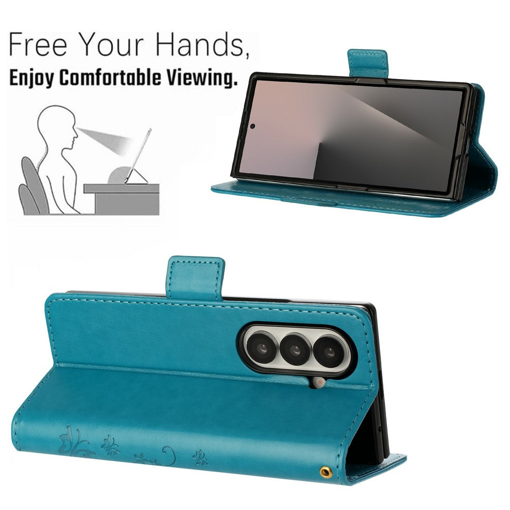 For Samsung Galaxy Z Fold7 5G Leather Wallet Case Butterfly Flower Imprint Phone Cover with Strap - Blue