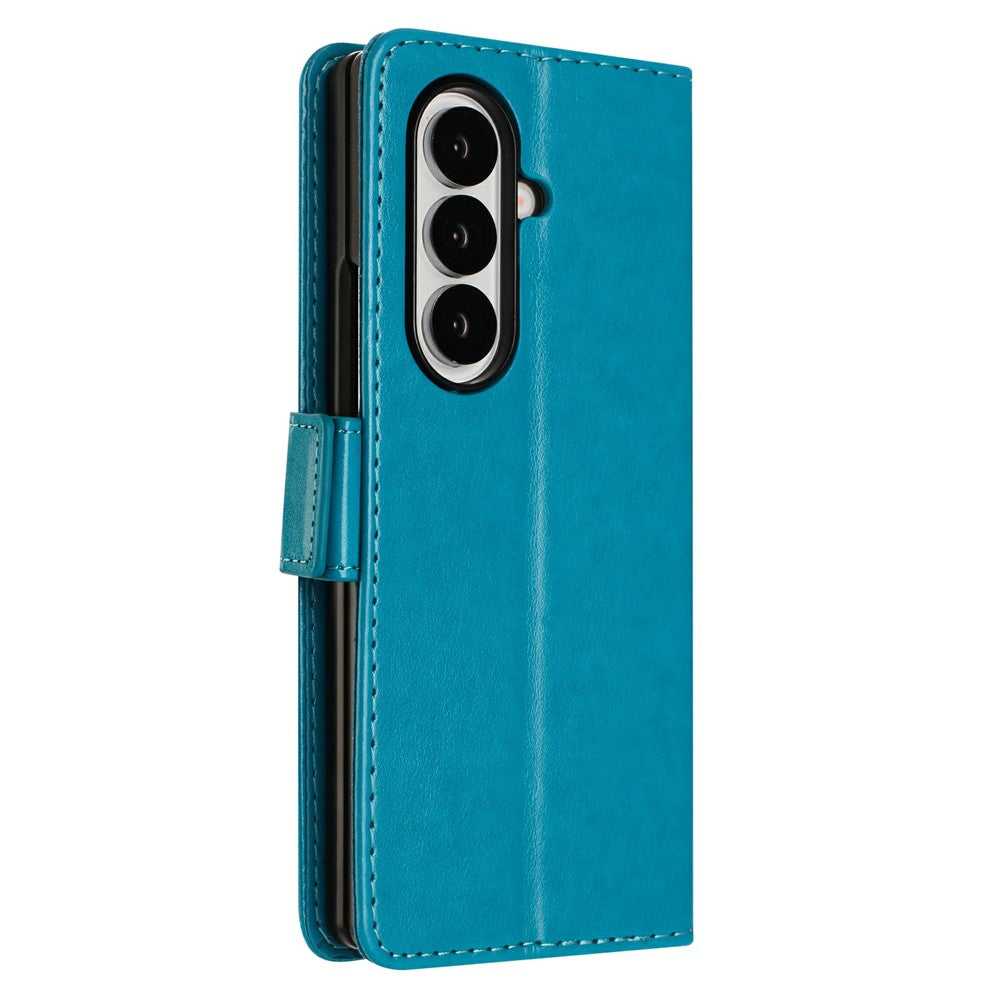 For Samsung Galaxy Z Fold7 5G Leather Wallet Case Butterfly Flower Imprint Phone Cover with Strap - Blue