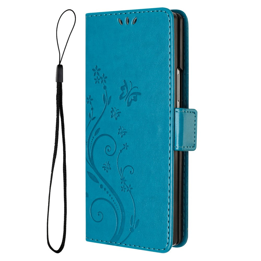 For Samsung Galaxy Z Fold7 5G Leather Wallet Case Butterfly Flower Imprint Phone Cover with Strap - Blue