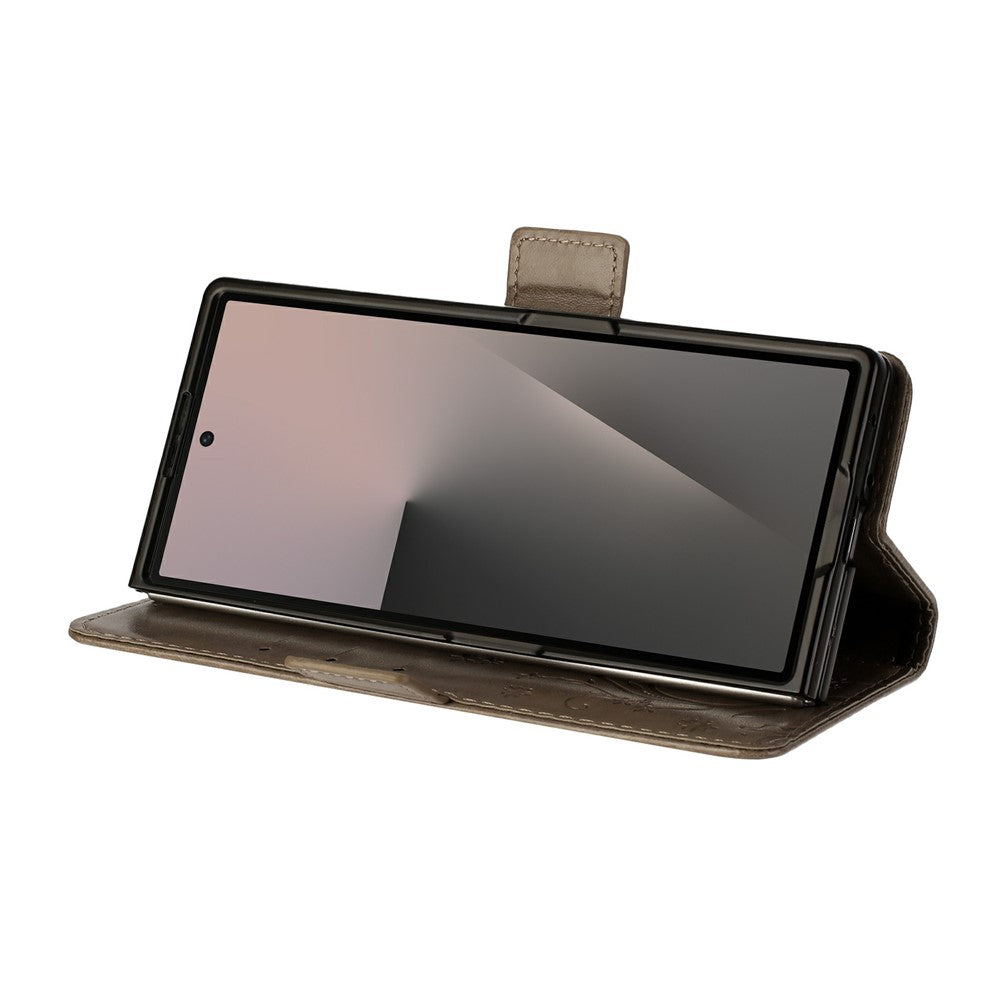 For Samsung Galaxy Z Fold7 5G Leather Wallet Case Butterfly Flower Imprint Phone Cover with Strap - Grey