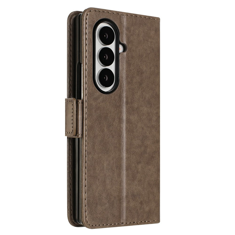 For Samsung Galaxy Z Fold7 5G Leather Wallet Case Butterfly Flower Imprint Phone Cover with Strap - Grey