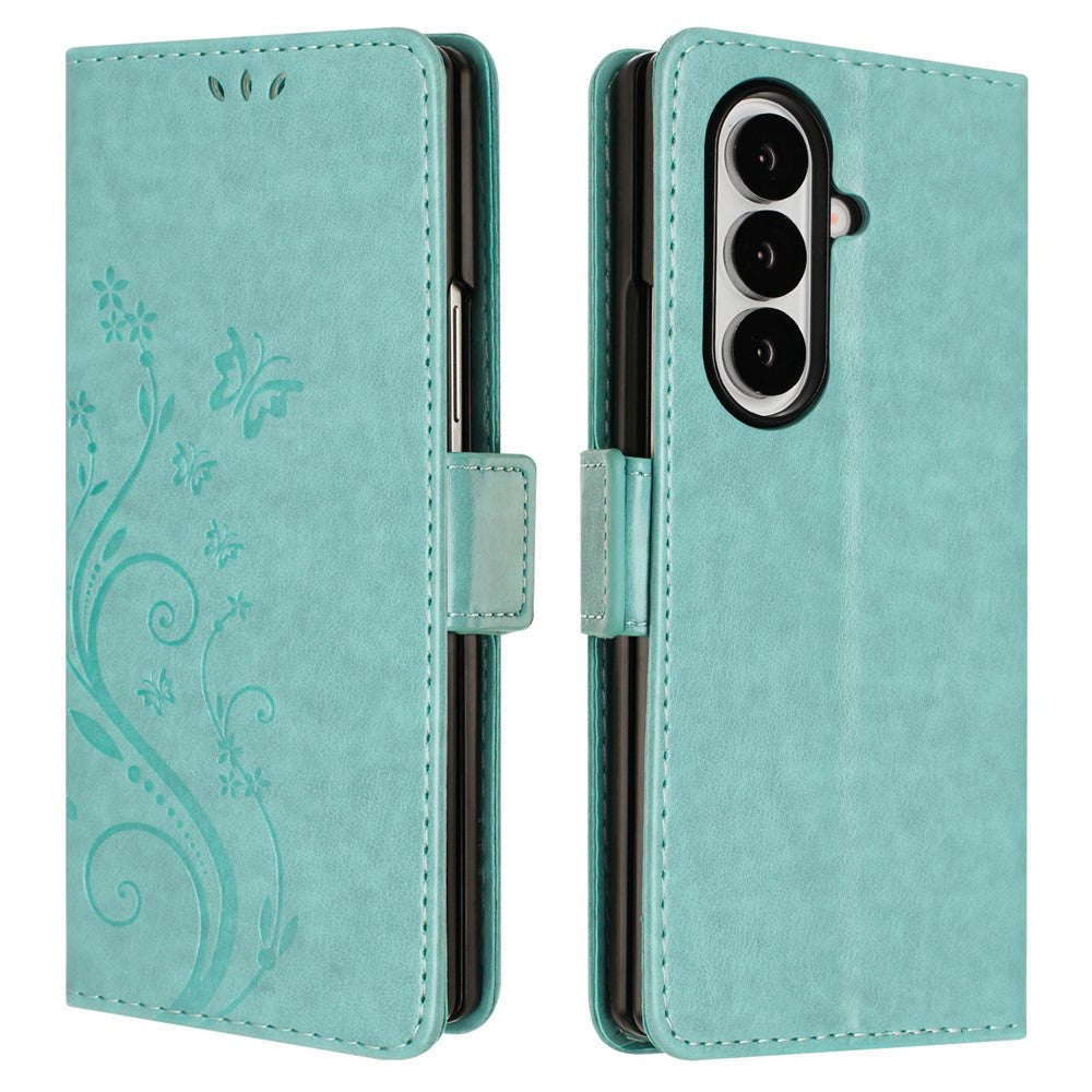 For Samsung Galaxy Z Fold7 5G Leather Wallet Case Butterfly Flower Imprint Phone Cover with Strap - Baby Blue