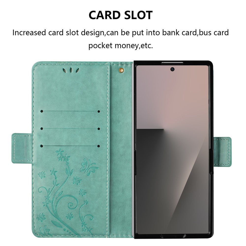 For Samsung Galaxy Z Fold7 5G Leather Wallet Case Butterfly Flower Imprint Phone Cover with Strap - Baby Blue