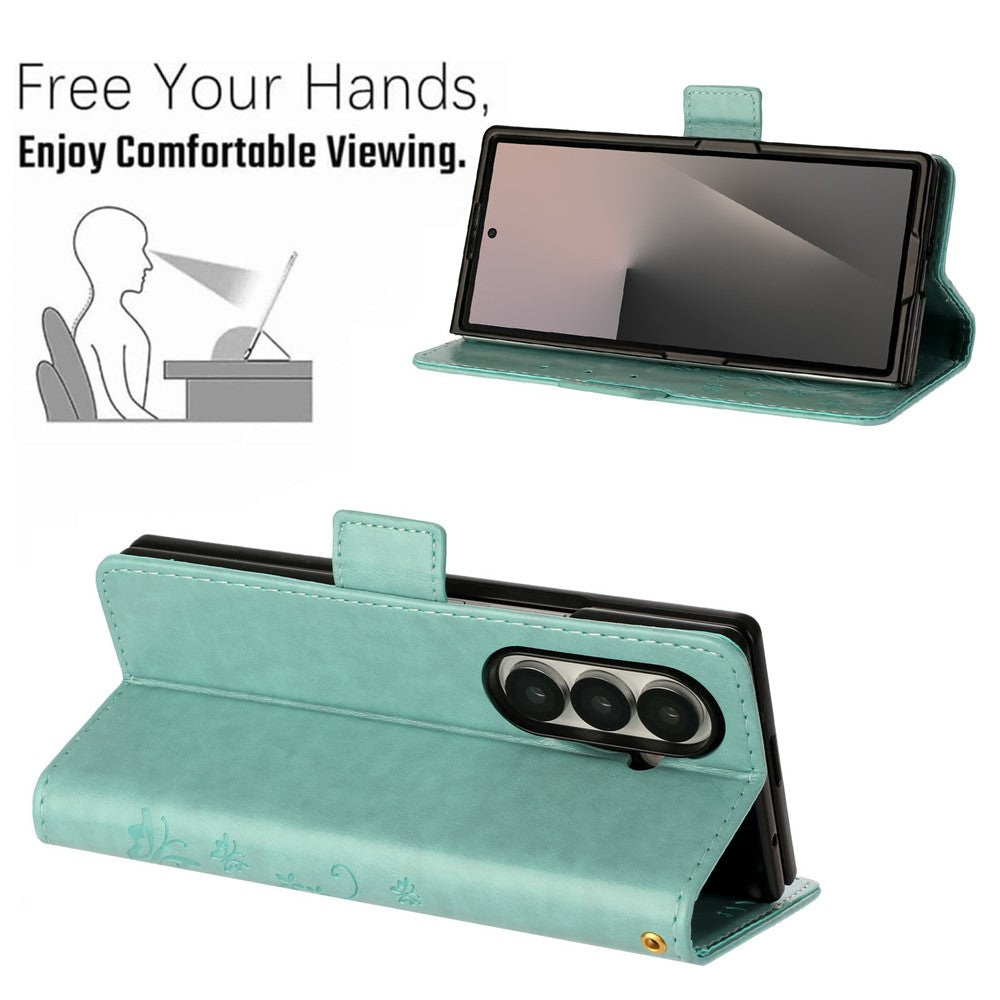 For Samsung Galaxy Z Fold7 5G Leather Wallet Case Butterfly Flower Imprint Phone Cover with Strap - Baby Blue