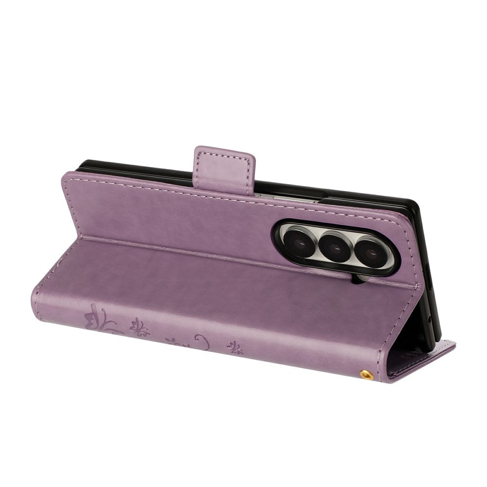 For Samsung Galaxy Z Fold7 5G Leather Wallet Case Butterfly Flower Imprint Phone Cover with Strap - Light Purple