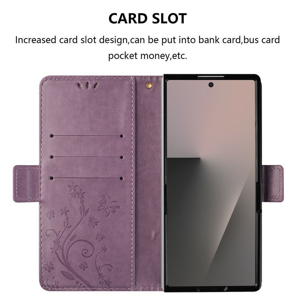 For Samsung Galaxy Z Fold7 5G Leather Wallet Case Butterfly Flower Imprint Phone Cover with Strap - Light Purple