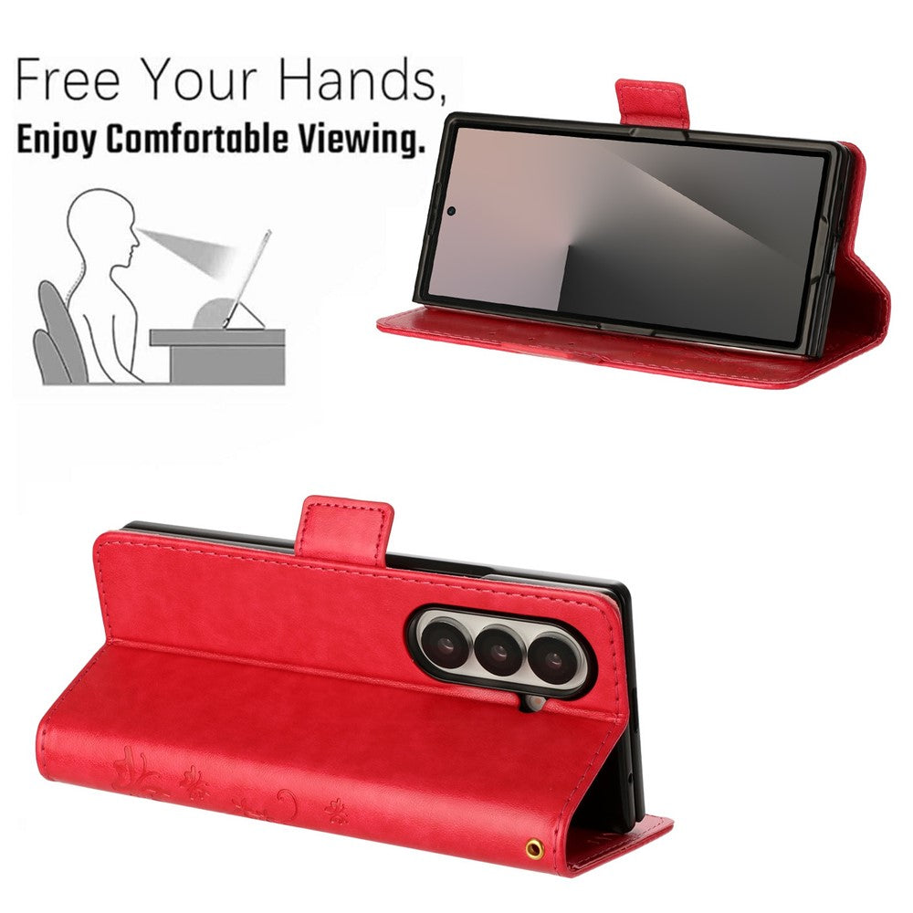 For Samsung Galaxy Z Fold7 5G Leather Wallet Case Butterfly Flower Imprint Phone Cover with Strap - Red