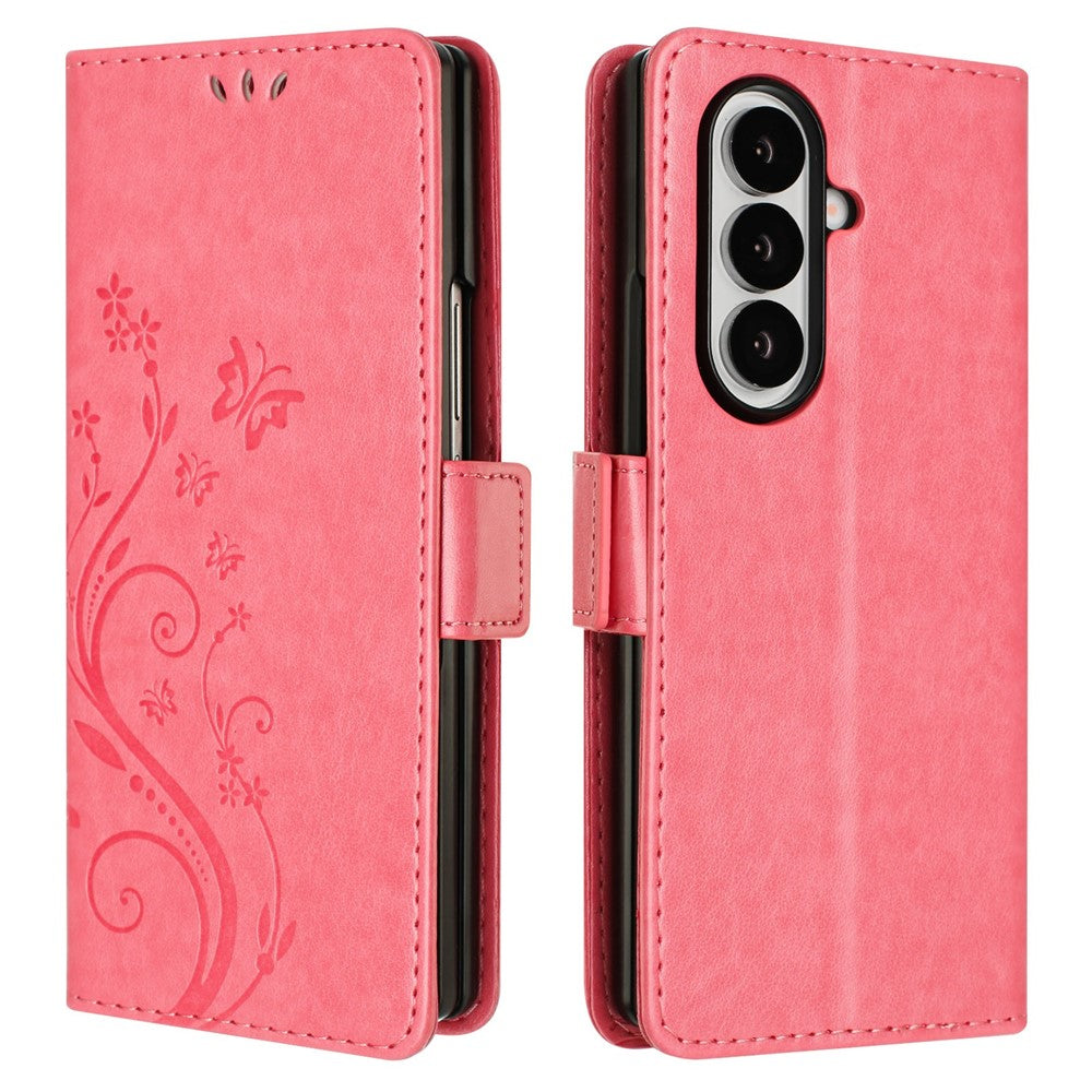 For Samsung Galaxy Z Fold7 5G Leather Wallet Case Butterfly Flower Imprint Phone Cover with Strap - Pink