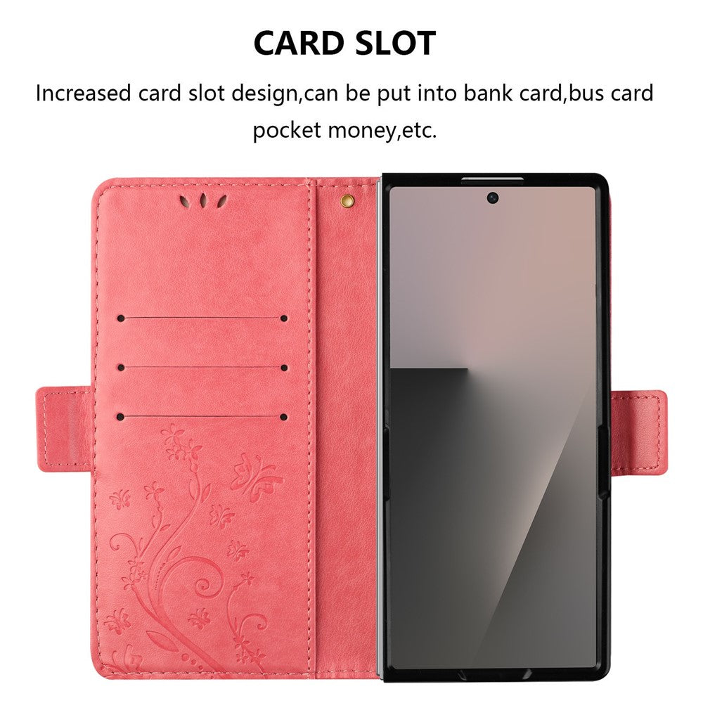 For Samsung Galaxy Z Fold7 5G Leather Wallet Case Butterfly Flower Imprint Phone Cover with Strap - Pink