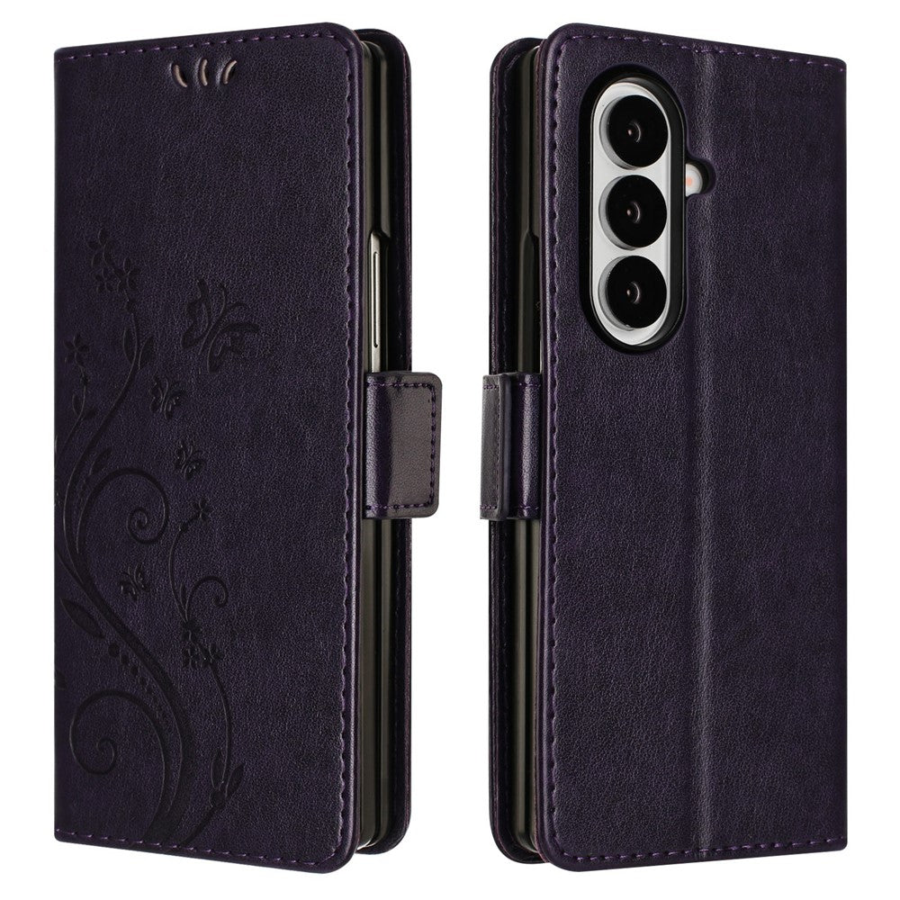 For Samsung Galaxy Z Fold7 5G Leather Wallet Case Butterfly Flower Imprint Phone Cover with Strap - Dark Purple