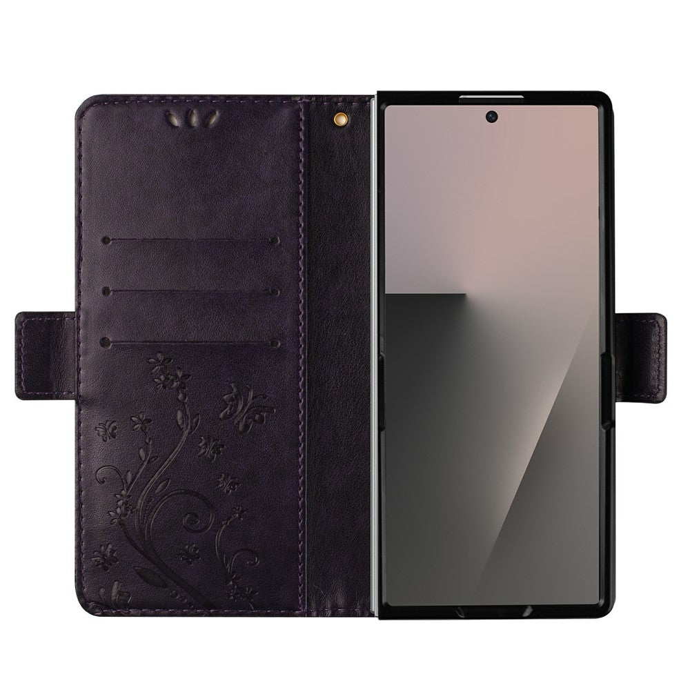 For Samsung Galaxy Z Fold7 5G Leather Wallet Case Butterfly Flower Imprint Phone Cover with Strap - Dark Purple