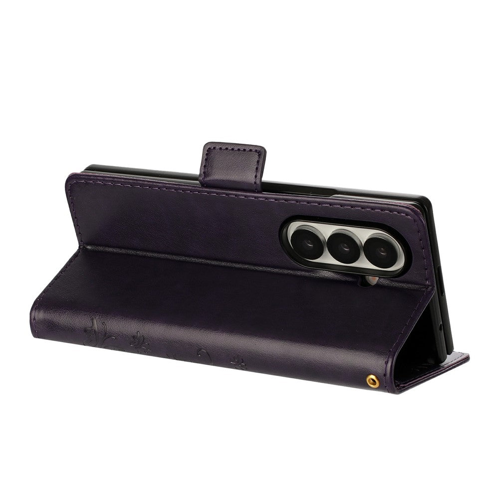 For Samsung Galaxy Z Fold7 5G Leather Wallet Case Butterfly Flower Imprint Phone Cover with Strap - Dark Purple
