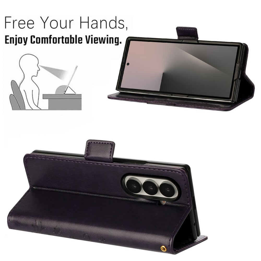 For Samsung Galaxy Z Fold7 5G Leather Wallet Case Butterfly Flower Imprint Phone Cover with Strap - Dark Purple