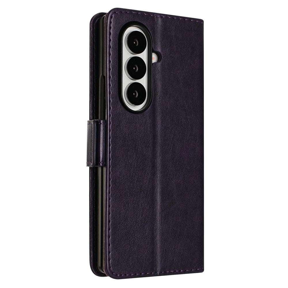 For Samsung Galaxy Z Fold7 5G Leather Wallet Case Butterfly Flower Imprint Phone Cover with Strap - Dark Purple