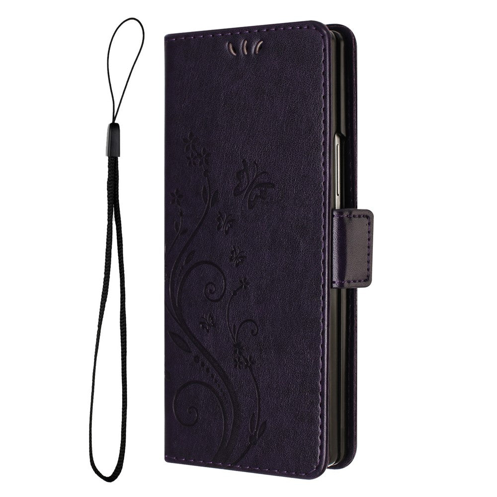 For Samsung Galaxy Z Fold7 5G Leather Wallet Case Butterfly Flower Imprint Phone Cover with Strap - Dark Purple