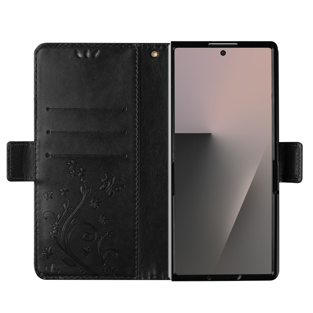 For Samsung Galaxy Z Fold7 5G Leather Wallet Case Butterfly Flower Imprint Phone Cover with Strap - Black