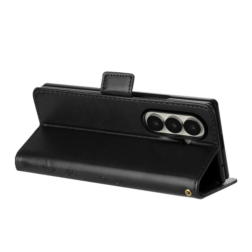 For Samsung Galaxy Z Fold7 5G Leather Wallet Case Butterfly Flower Imprint Phone Cover with Strap - Black