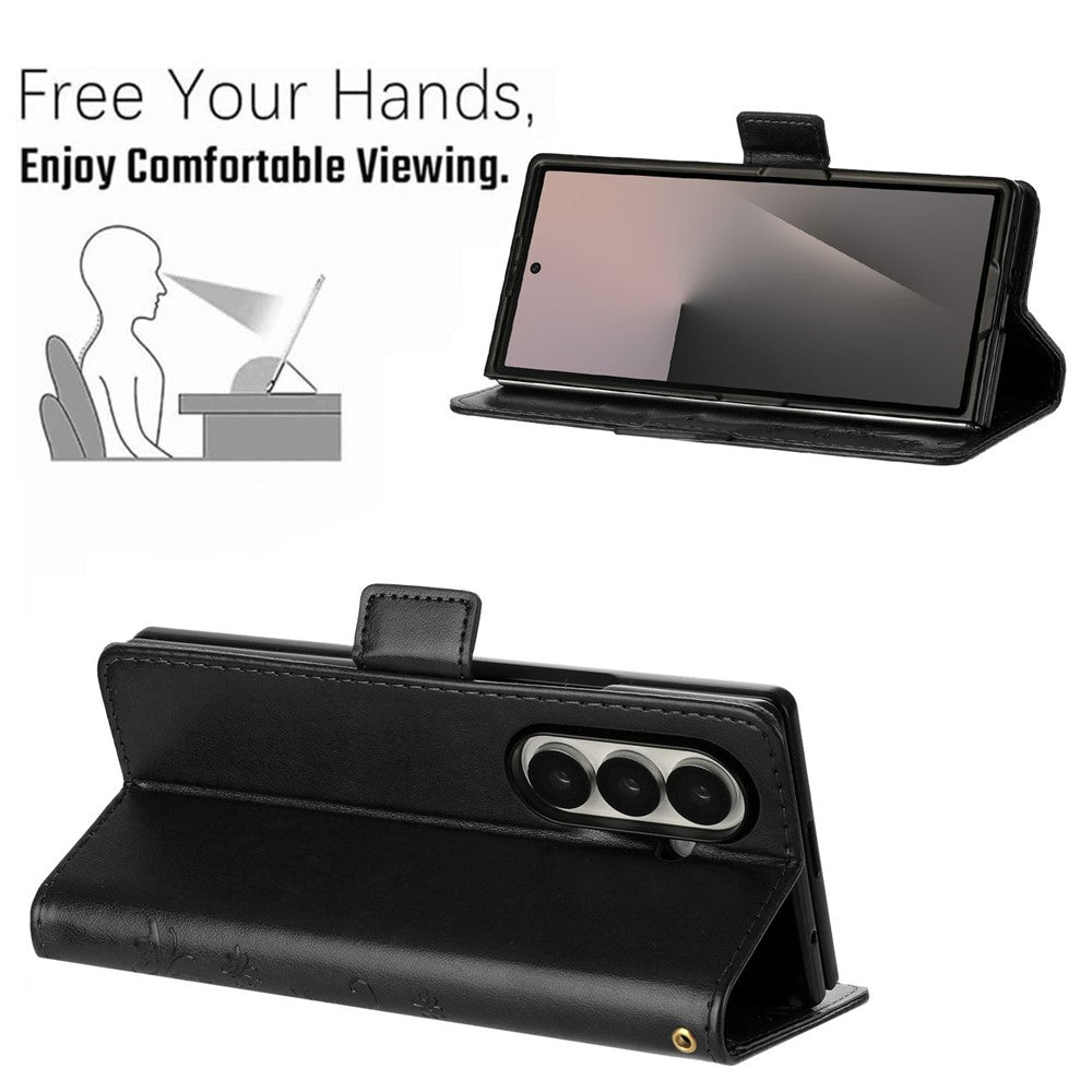 For Samsung Galaxy Z Fold7 5G Leather Wallet Case Butterfly Flower Imprint Phone Cover with Strap - Black