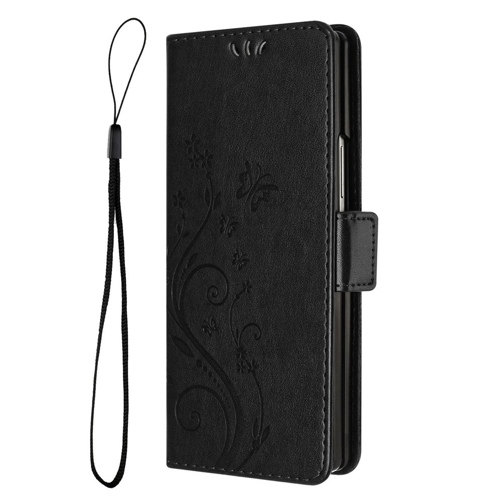 For Samsung Galaxy Z Fold7 5G Leather Wallet Case Butterfly Flower Imprint Phone Cover with Strap - Black