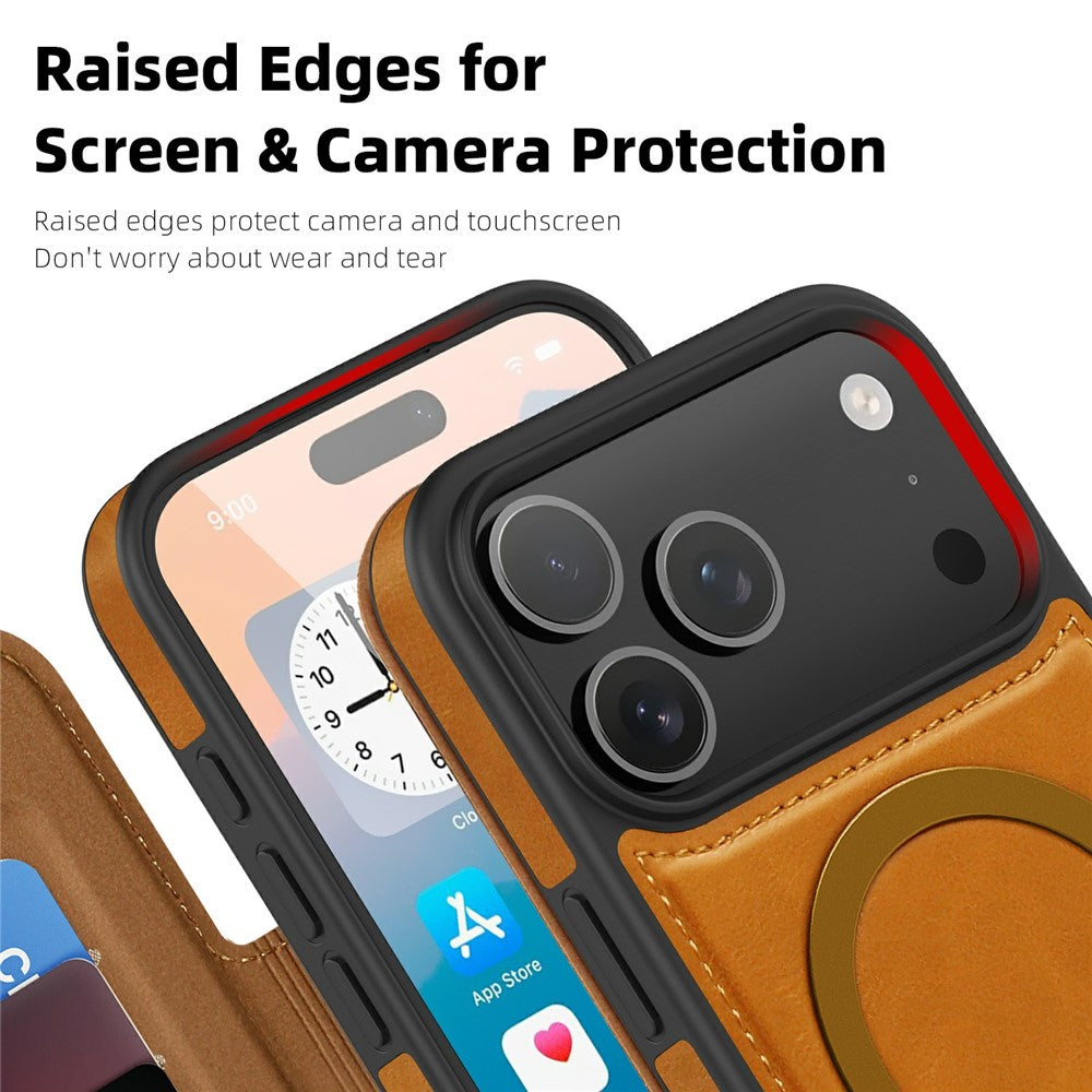 For iPhone 17 Pro Max Case Compatible with MagSafe RFID Blocking Card Holder Leather Phone Cover - Brown