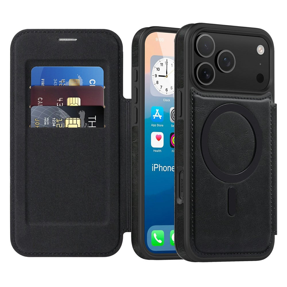 For iPhone 17 Pro Max Case Compatible with MagSafe RFID Blocking Card Holder Leather Phone Cover - Black