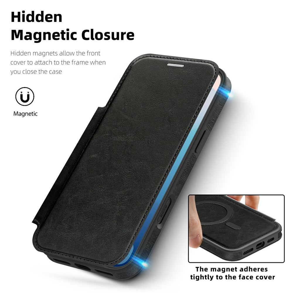 For iPhone 17 Pro Max Case Compatible with MagSafe RFID Blocking Card Holder Leather Phone Cover - Black
