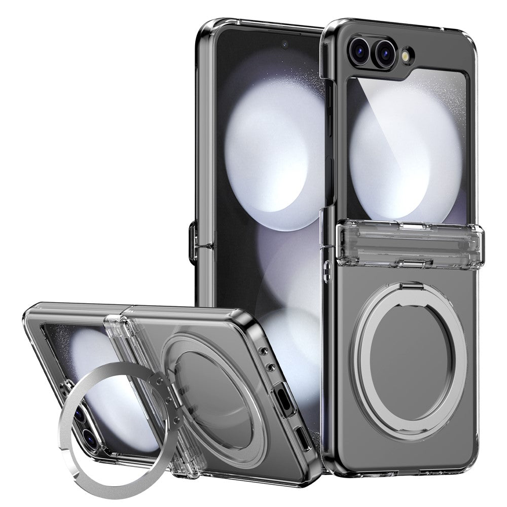 For Samsung Galaxy Z Flip7 5G Case with Magnetic Kickstand Spring Hinge PC Folding Phone Cover - Transparent