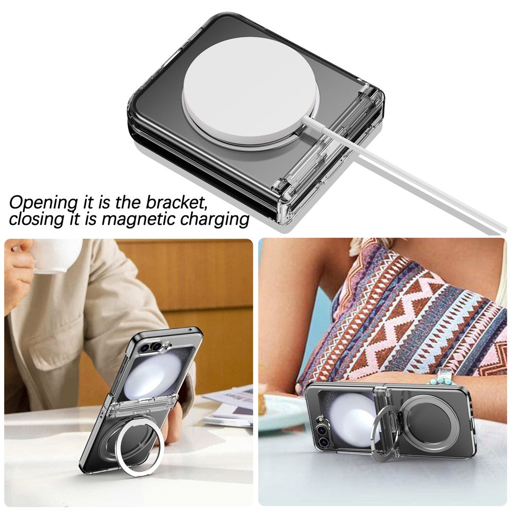 For Samsung Galaxy Z Flip7 5G Case with Magnetic Kickstand Spring Hinge PC Folding Phone Cover - Transparent