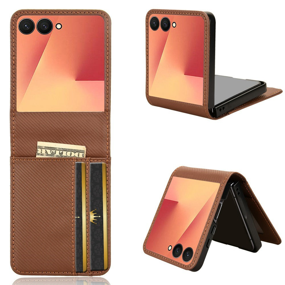 For Samsung Galaxy Z Flip7 5G Case PU Leather + PC Card Holder Mobile Phone Cover - Brown