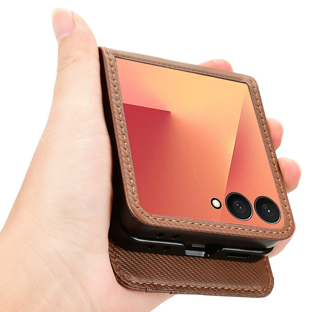 For Samsung Galaxy Z Flip7 5G Case PU Leather + PC Card Holder Mobile Phone Cover - Brown