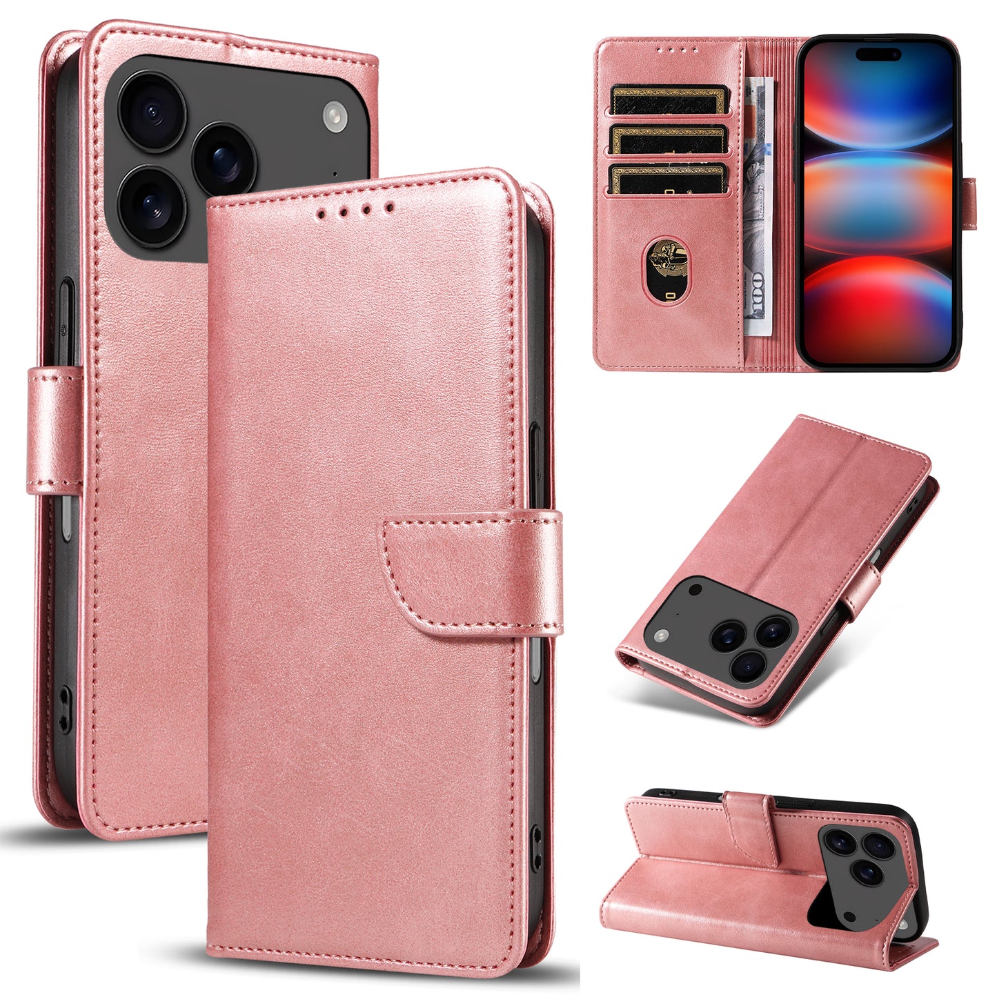 For iPhone 17 Pro Max Case with 2Pcs Tempered Glass WANLONFENG WN Series Calf Texture Leather Phone Cover Big Cutouts - Pink