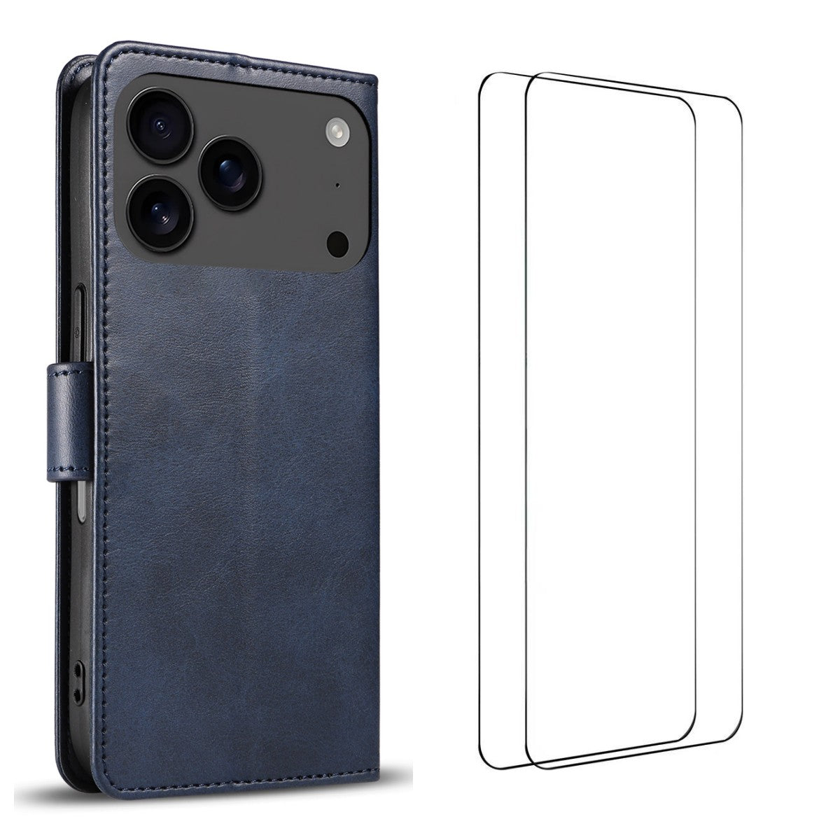 For iPhone 17 Pro Max Case with 2Pcs Tempered Glass WANLONFENG WN Series Calf Texture Leather Phone Cover Big Cutouts - Sapphire