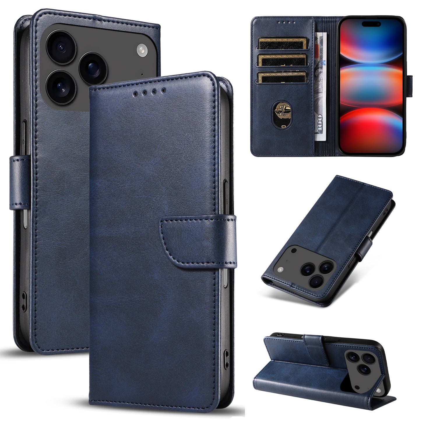 For iPhone 17 Pro Max Case with 2Pcs Tempered Glass WANLONFENG WN Series Calf Texture Leather Phone Cover Big Cutouts - Sapphire